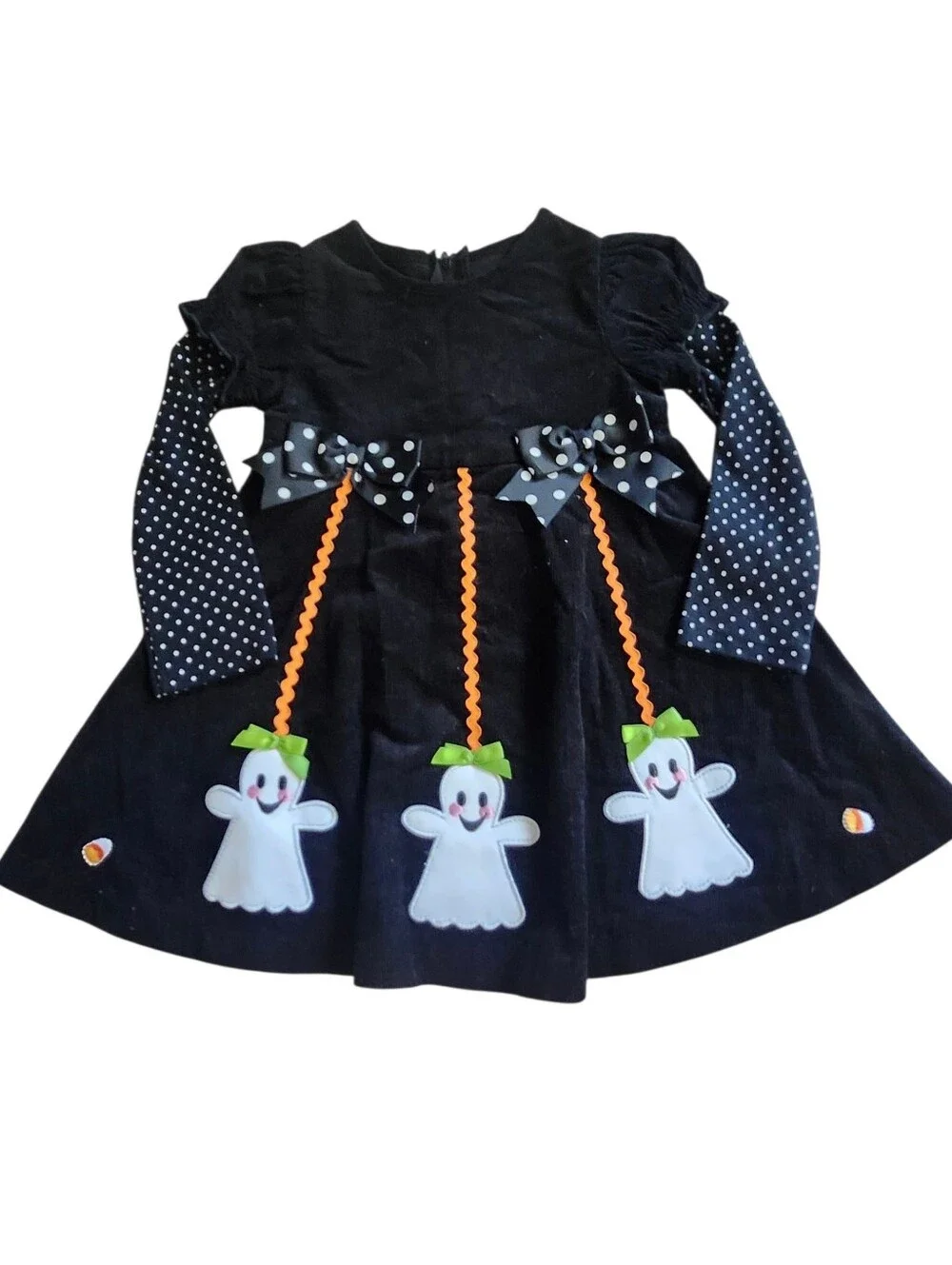 Bonnie Jean Girls Halloween Black Corduroy Ghost Dress Polka Dot Size 4T